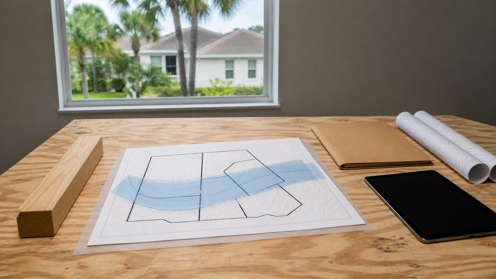 Abstract parcel and floodplain drawing beside a blank survey folder and dark tablet