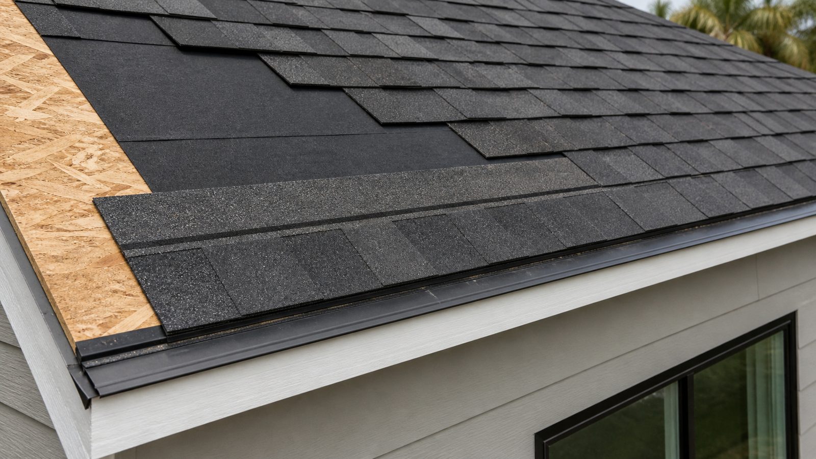 Architectural asphalt shingles aligned over underlayment and a starter course