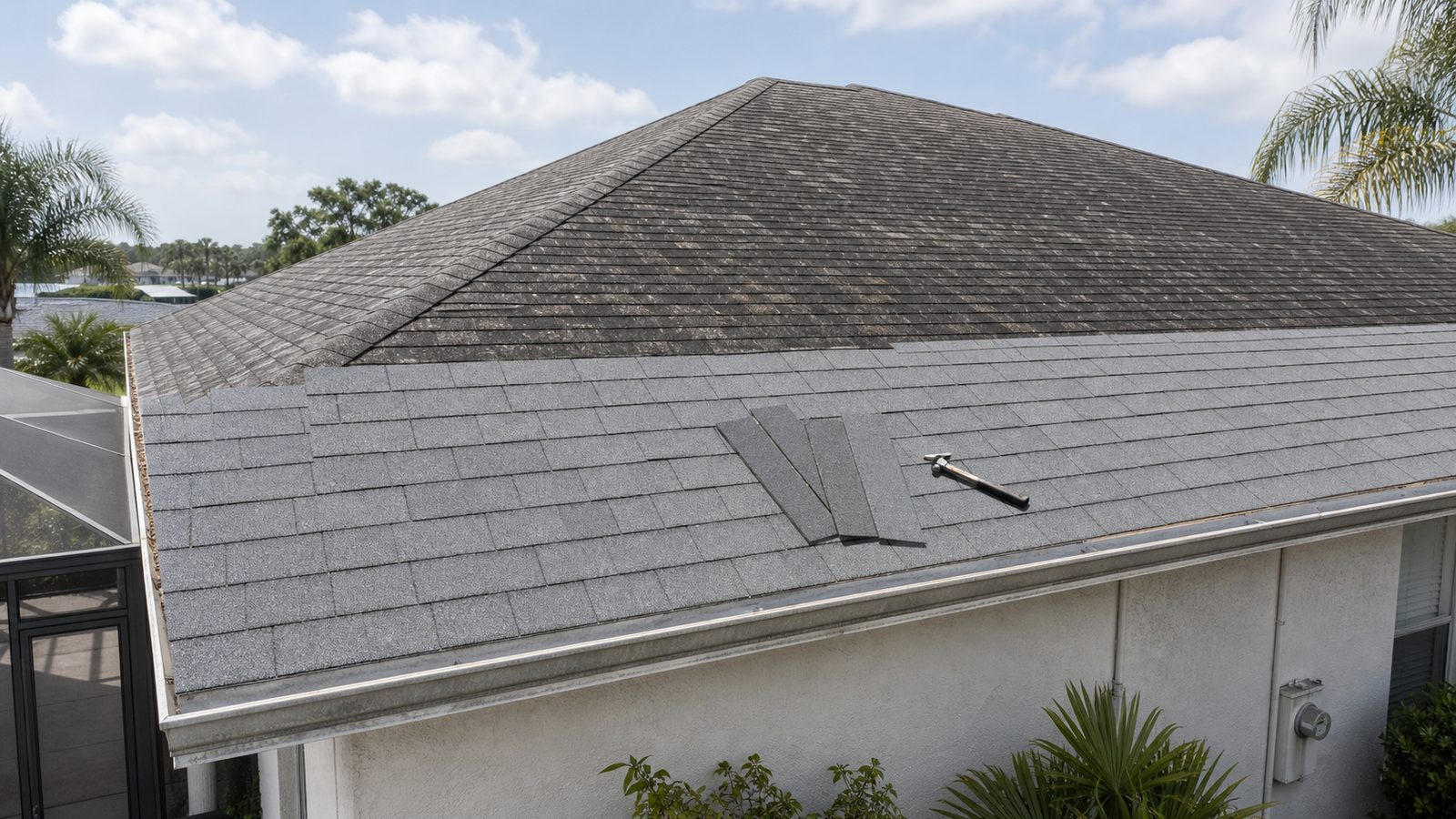 New asphalt shingles installed over one weathered roof layer