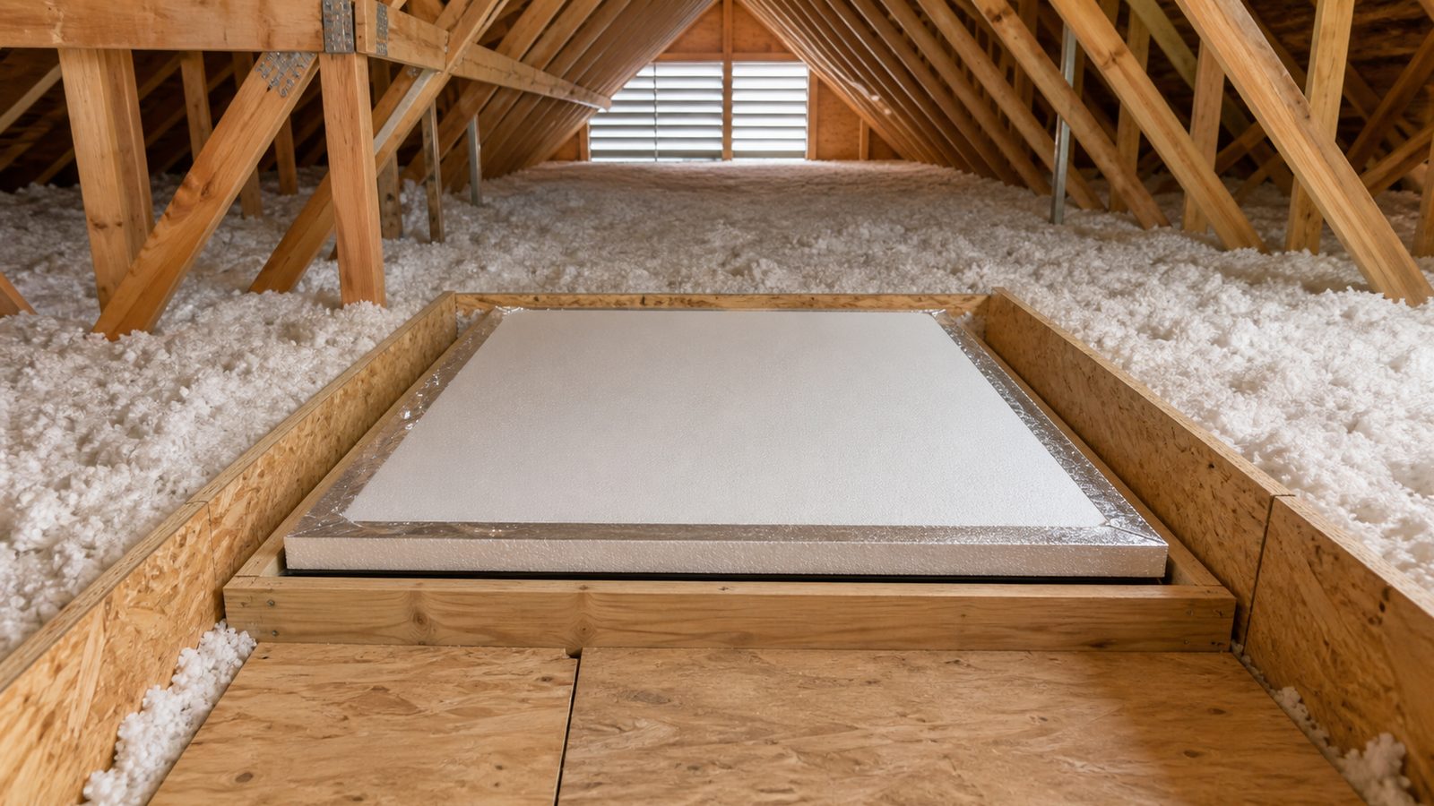 Insulated attic access hatch with weatherstrip and a raised insulation dam