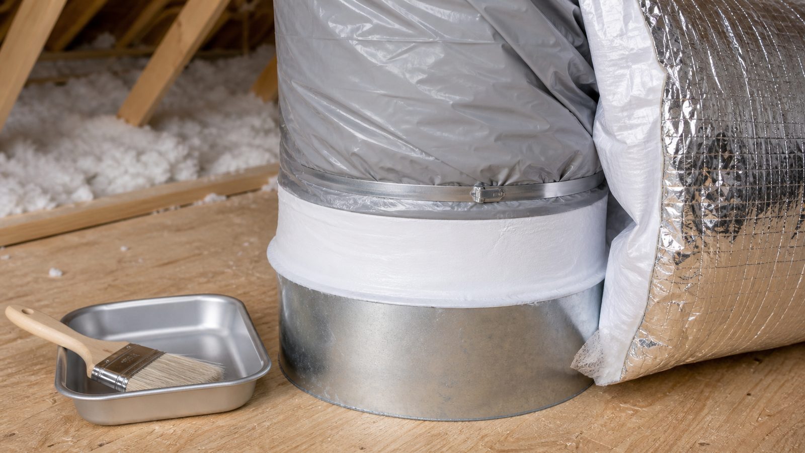 Flexible attic duct secured and sealed to a galvanized collar