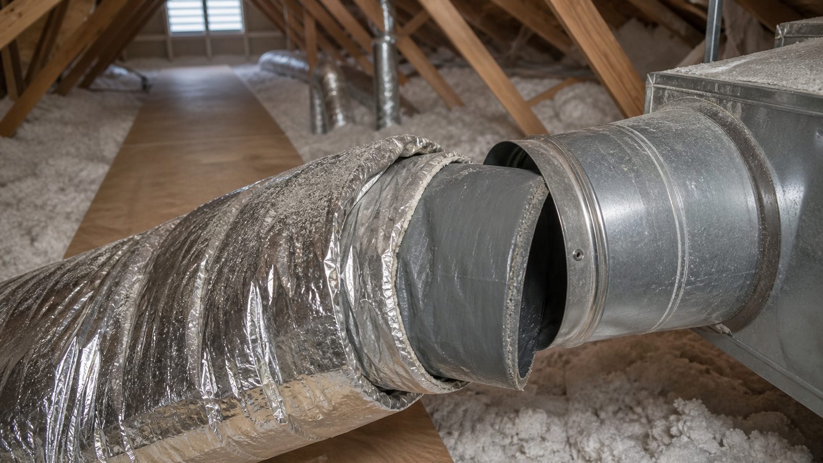 Insulated attic duct pulled loose from a galvanized metal collar