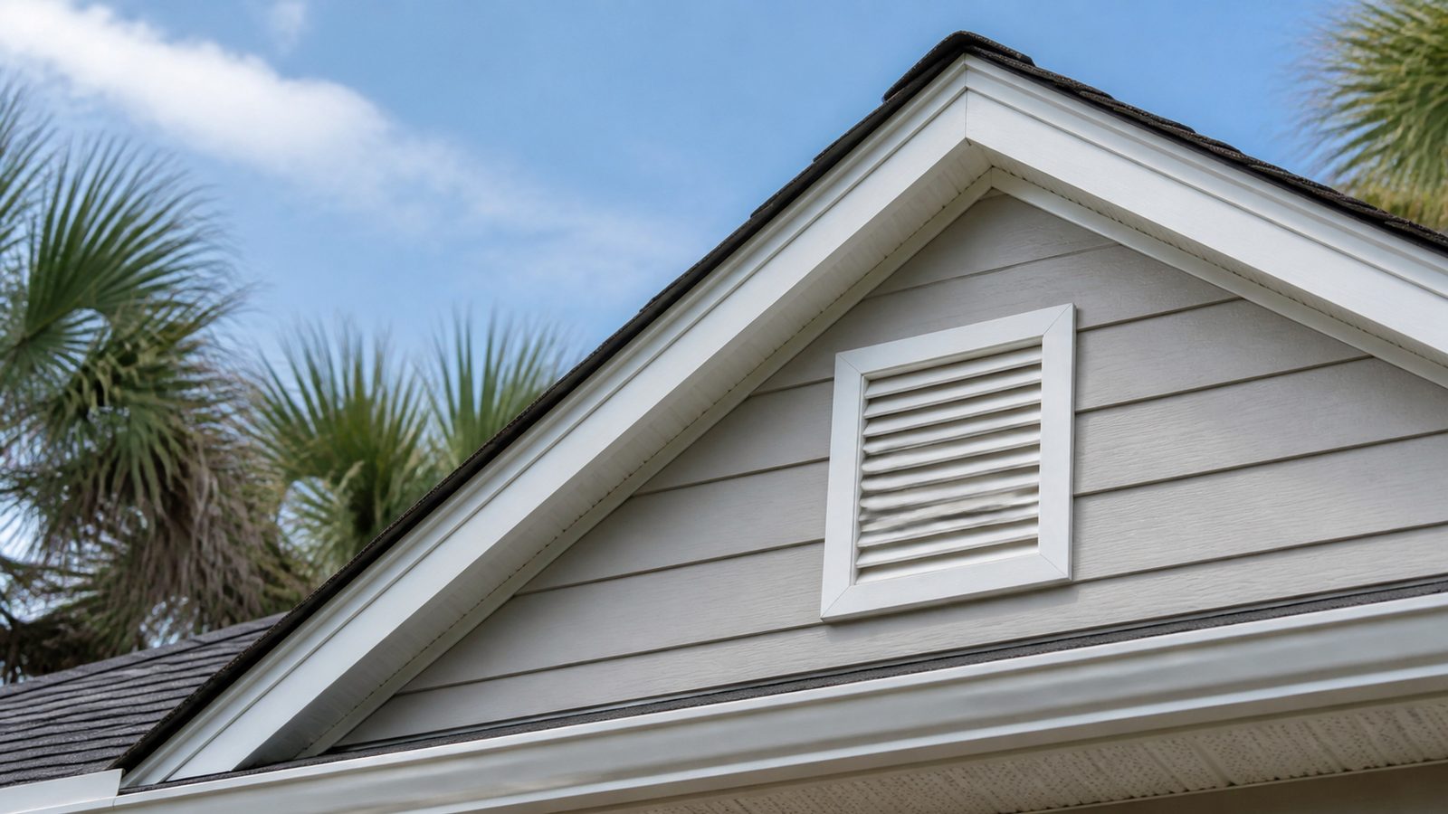 White louvered attic gable vent beneath a Florida roof peak