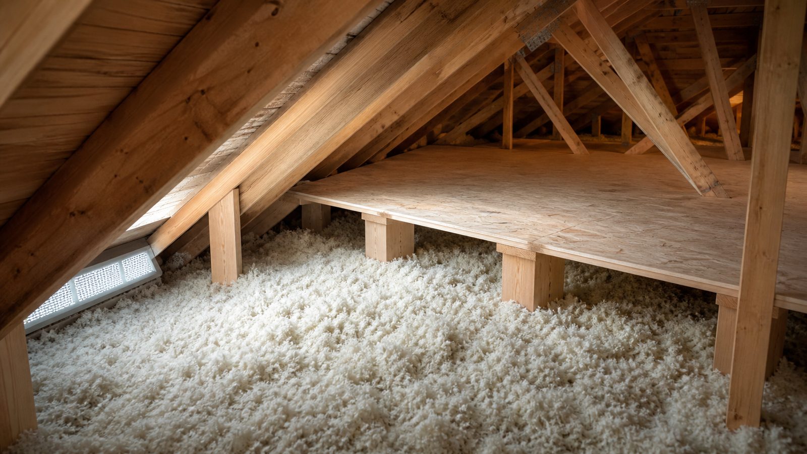 Raised attic platform preserving insulation depth and a clear airflow path