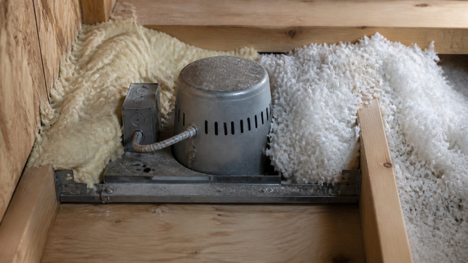 Older recessed light housing crowded by spray foam and loose attic insulation