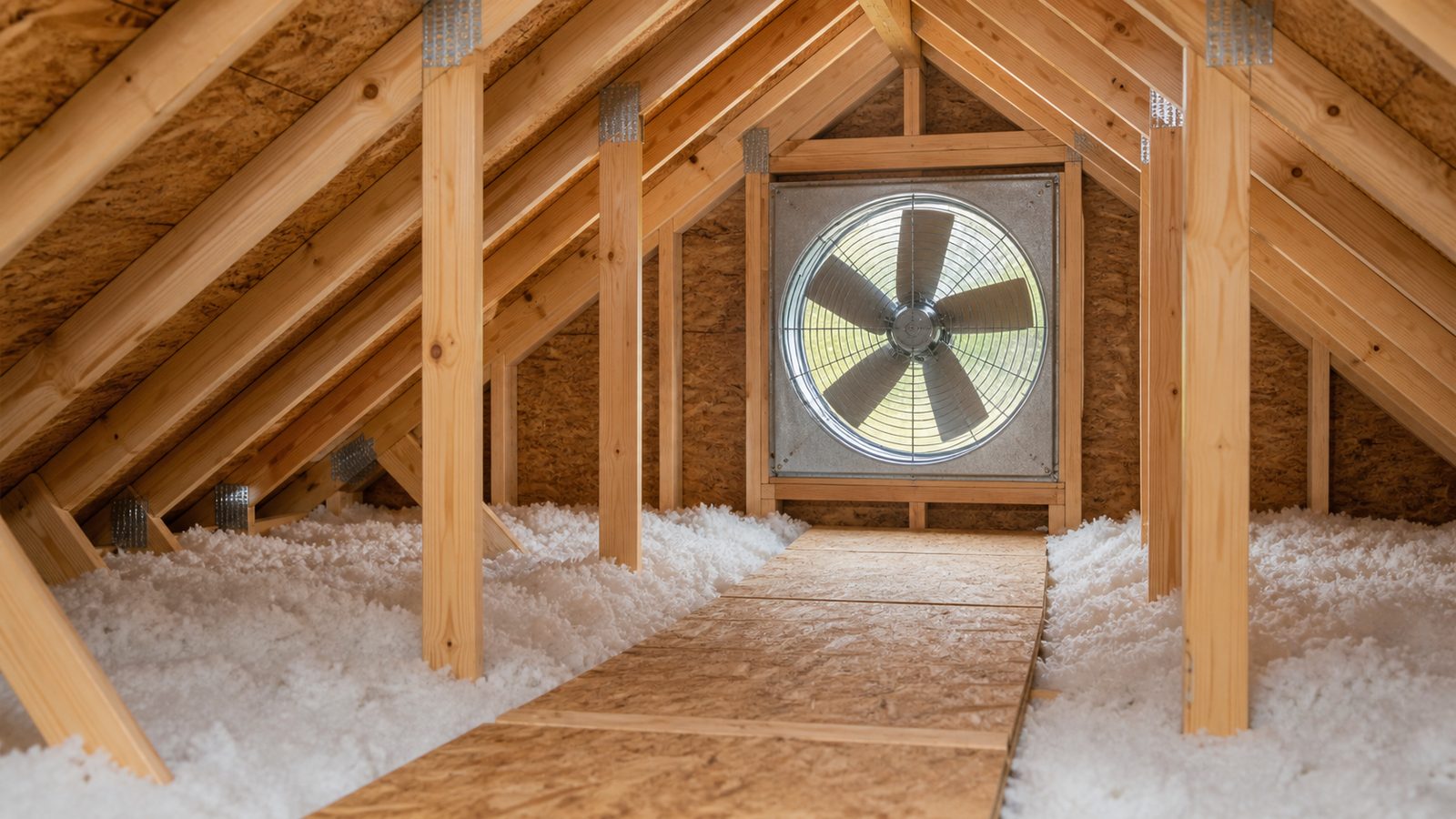 Attic ventilation equipment framed above insulation and a service walkway