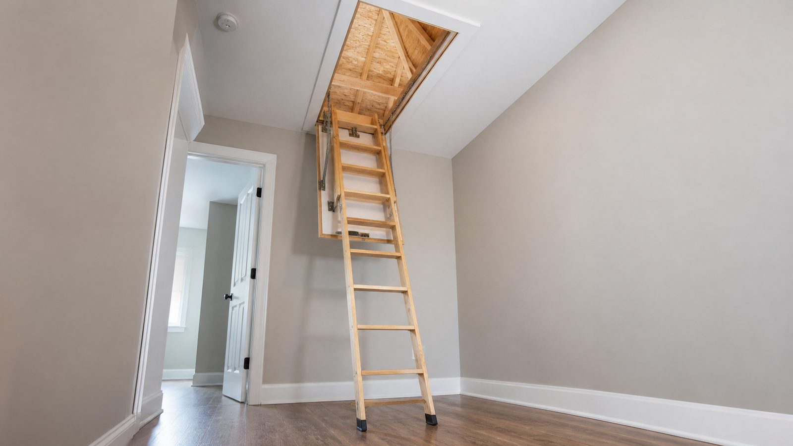 Open wooden folding attic stair through a white trimmed ceiling hatch