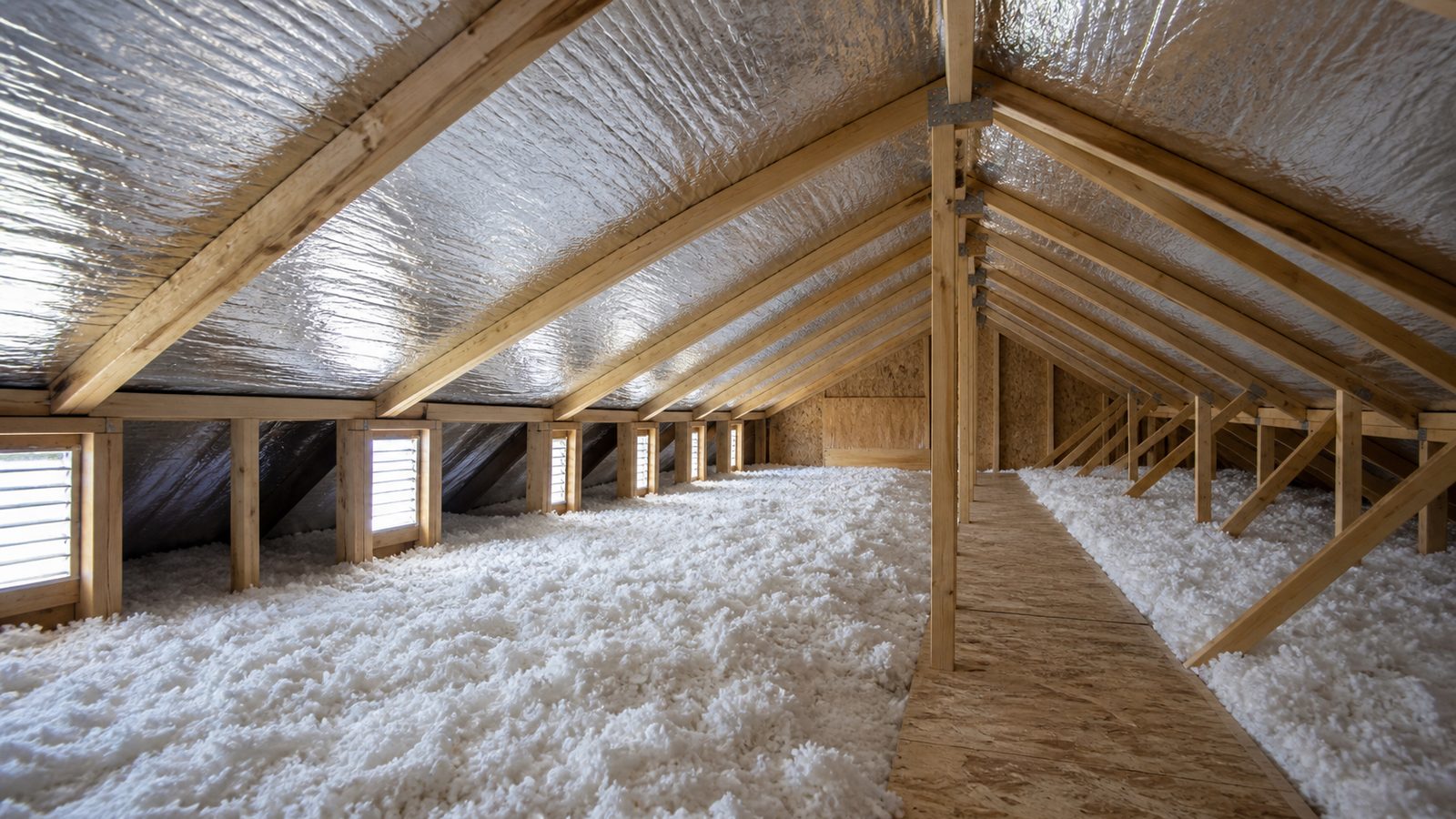 Reflective radiant barrier installed beneath attic rafters above insulation and a service walkway
