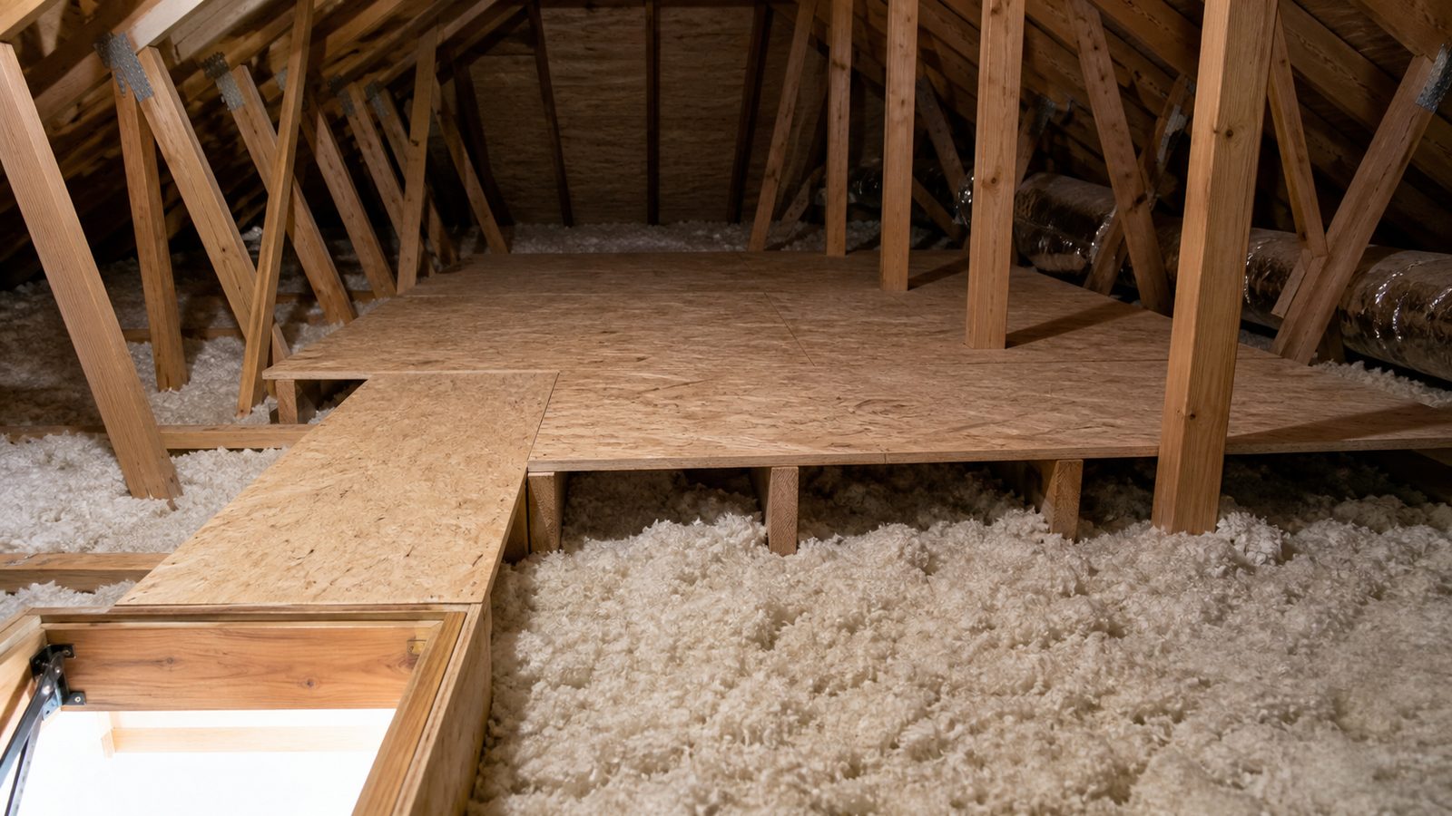 Raised attic storage platform set above intact blown insulation in a Florida truss attic