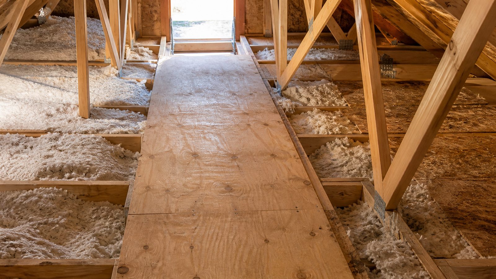 Narrow plywood attic walkway over ceiling framing with insulation on both sides