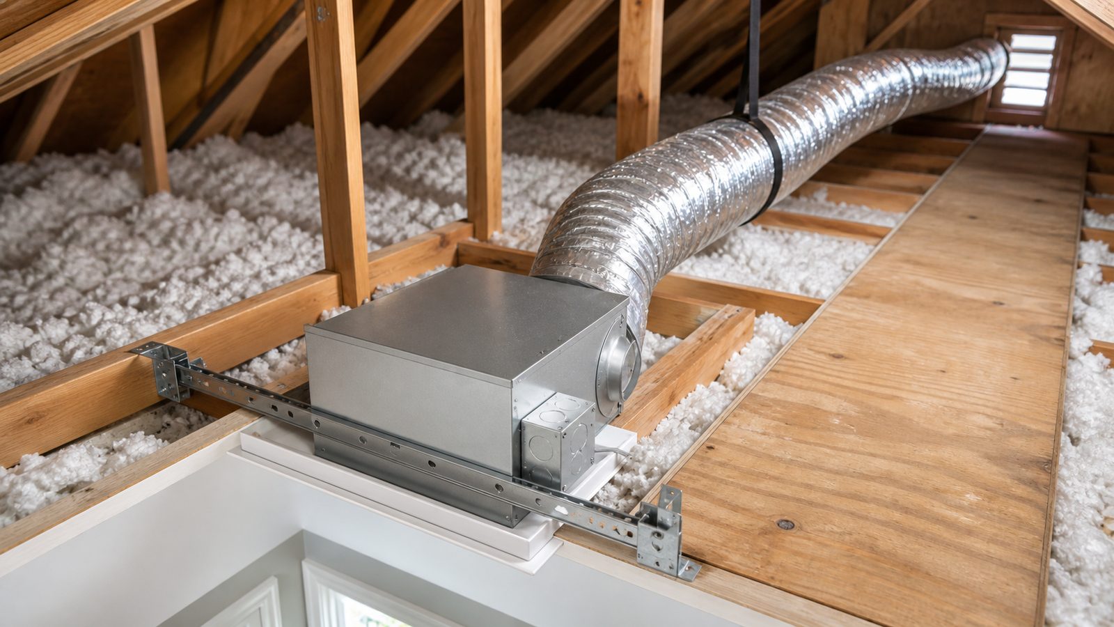 Attic ventilation housing with a supported duct and clear insulation around it
