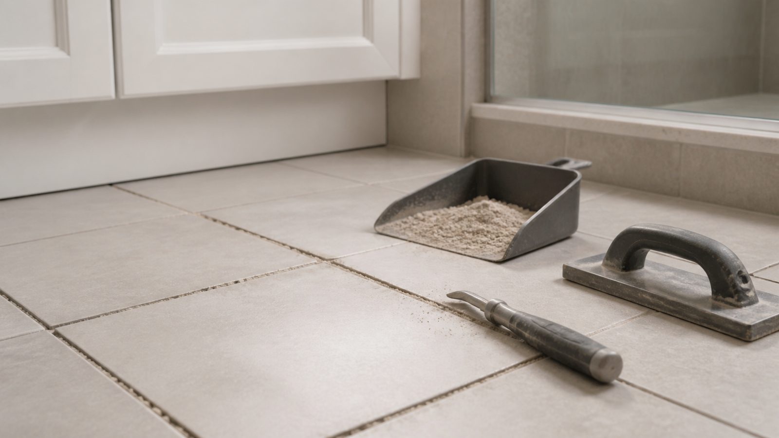 Bathroom tile floor with selected grout joints cleared for repair