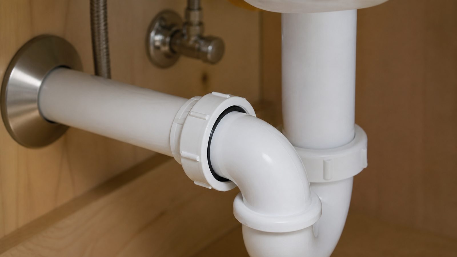 Close view of a bathroom sink P-trap slip-joint connection with the beveled washer seated at the joint