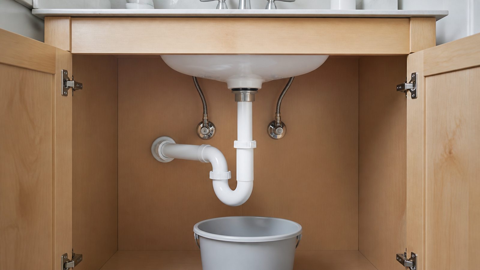Vanity cabinet with accessible sink P-trap and supply valves