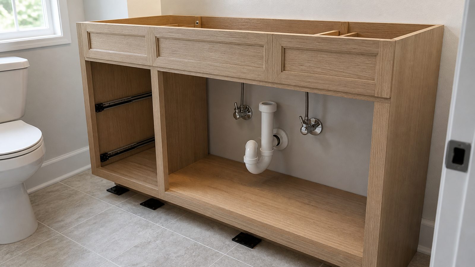 Bathroom vanity installation layout with cabinet positioning, plumbing stub-outs, electrical boxes, and level floor protection