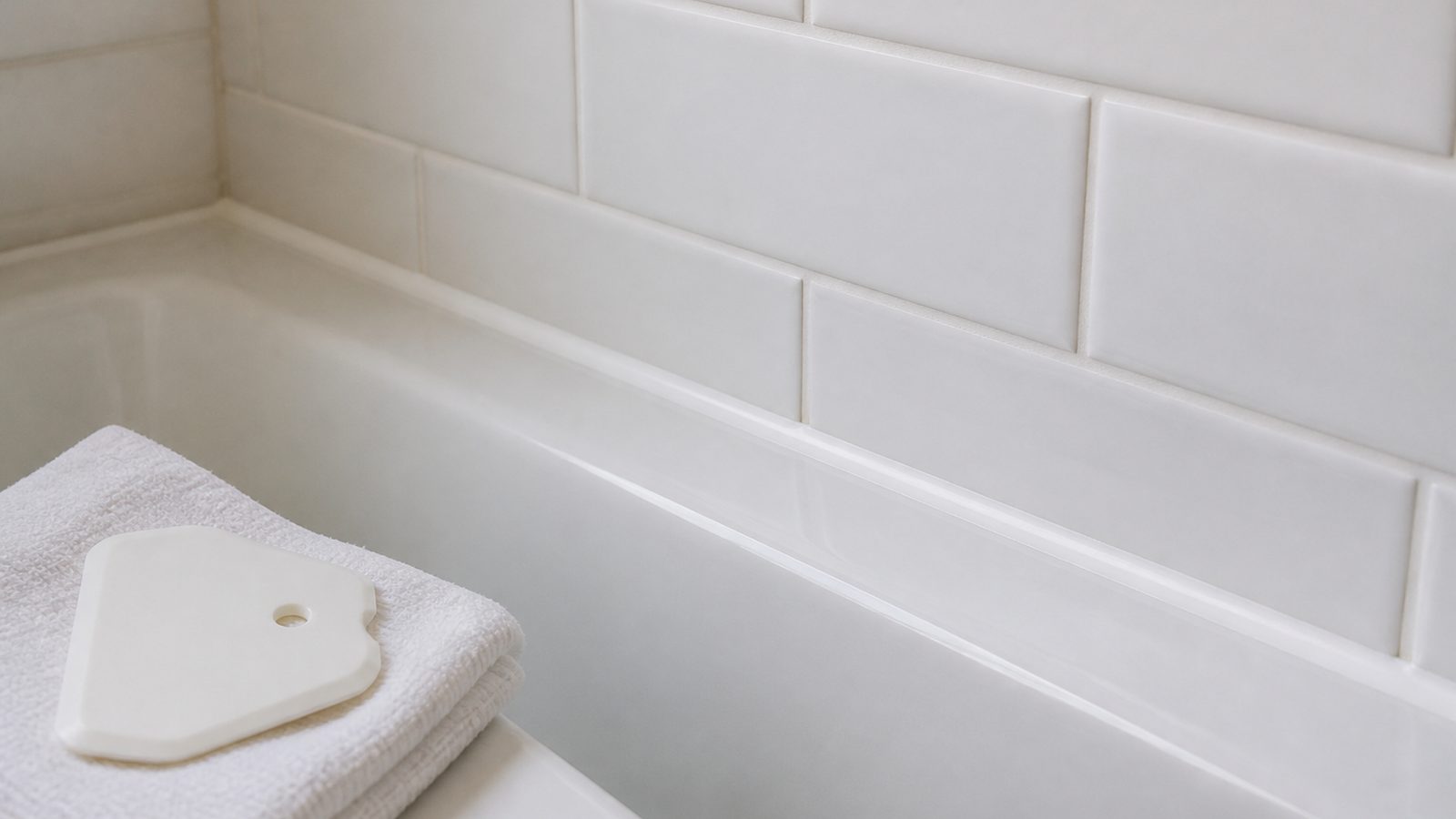 Fresh continuous white silicone caulk bead at a white bathtub and subway-tile joint