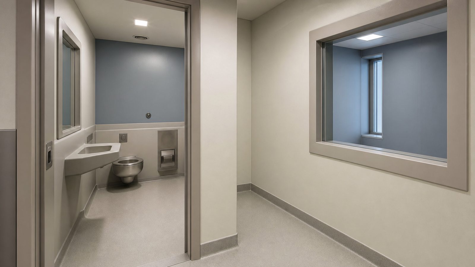 Dignified behavioral health room with rounded ligature-resistant fixtures, durable surfaces, and no occupants