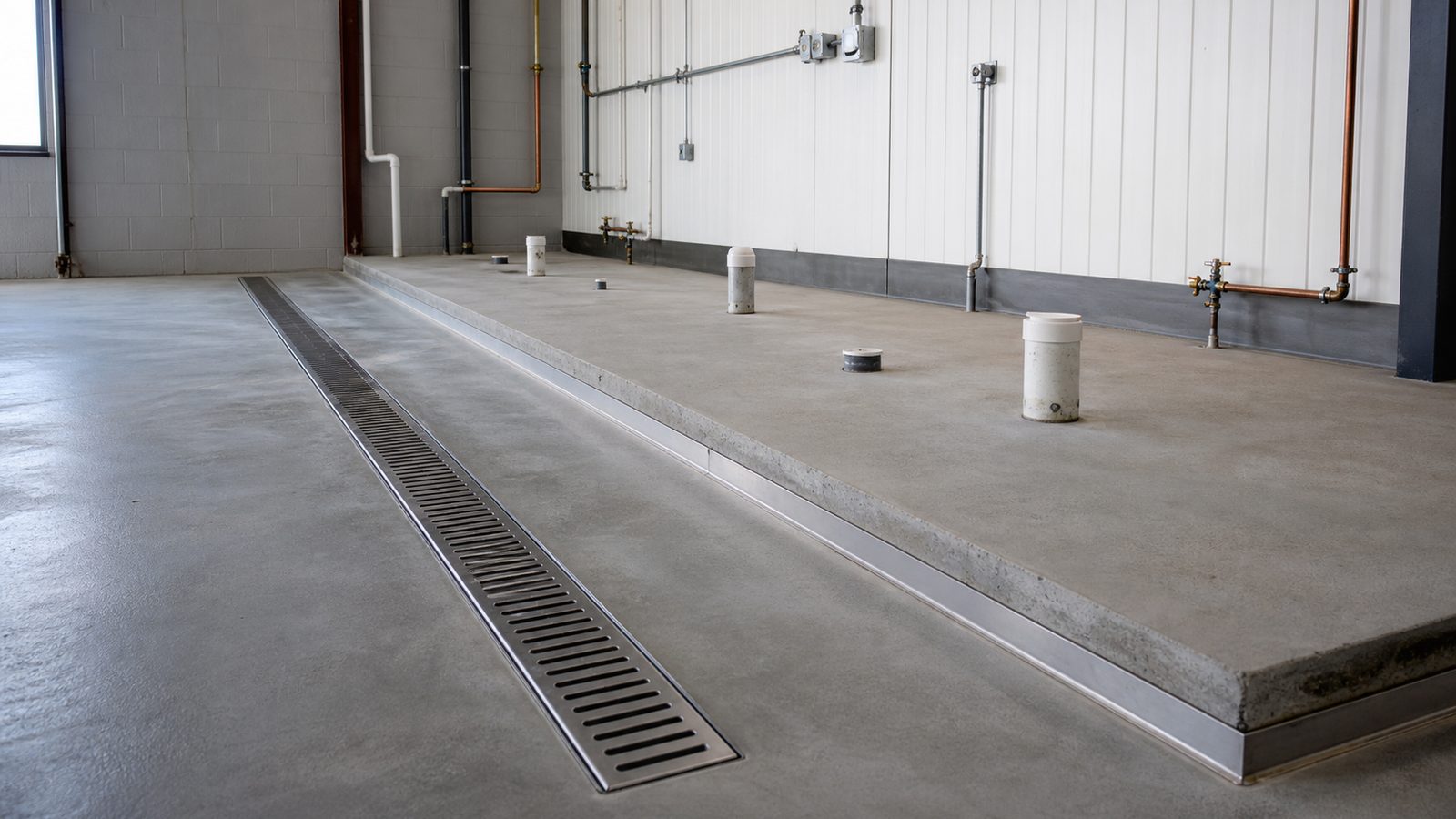 Sealed commercial production floor with a long trench drain and plumbing rough-ins