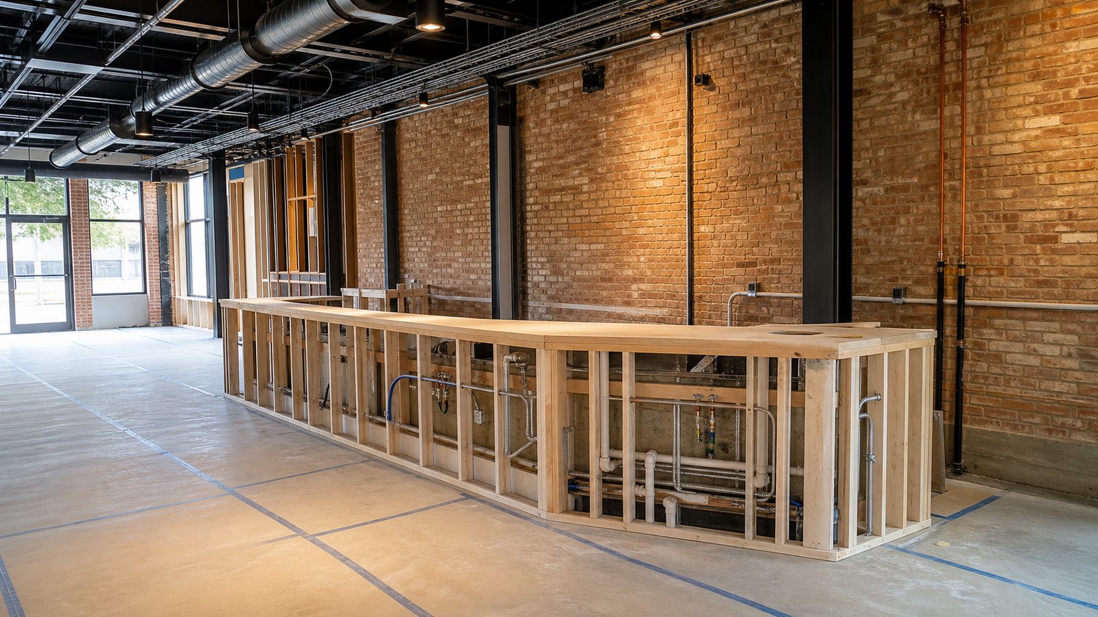 Commercial fit-out with bar framing and coordinated plumbing and electrical rough-in