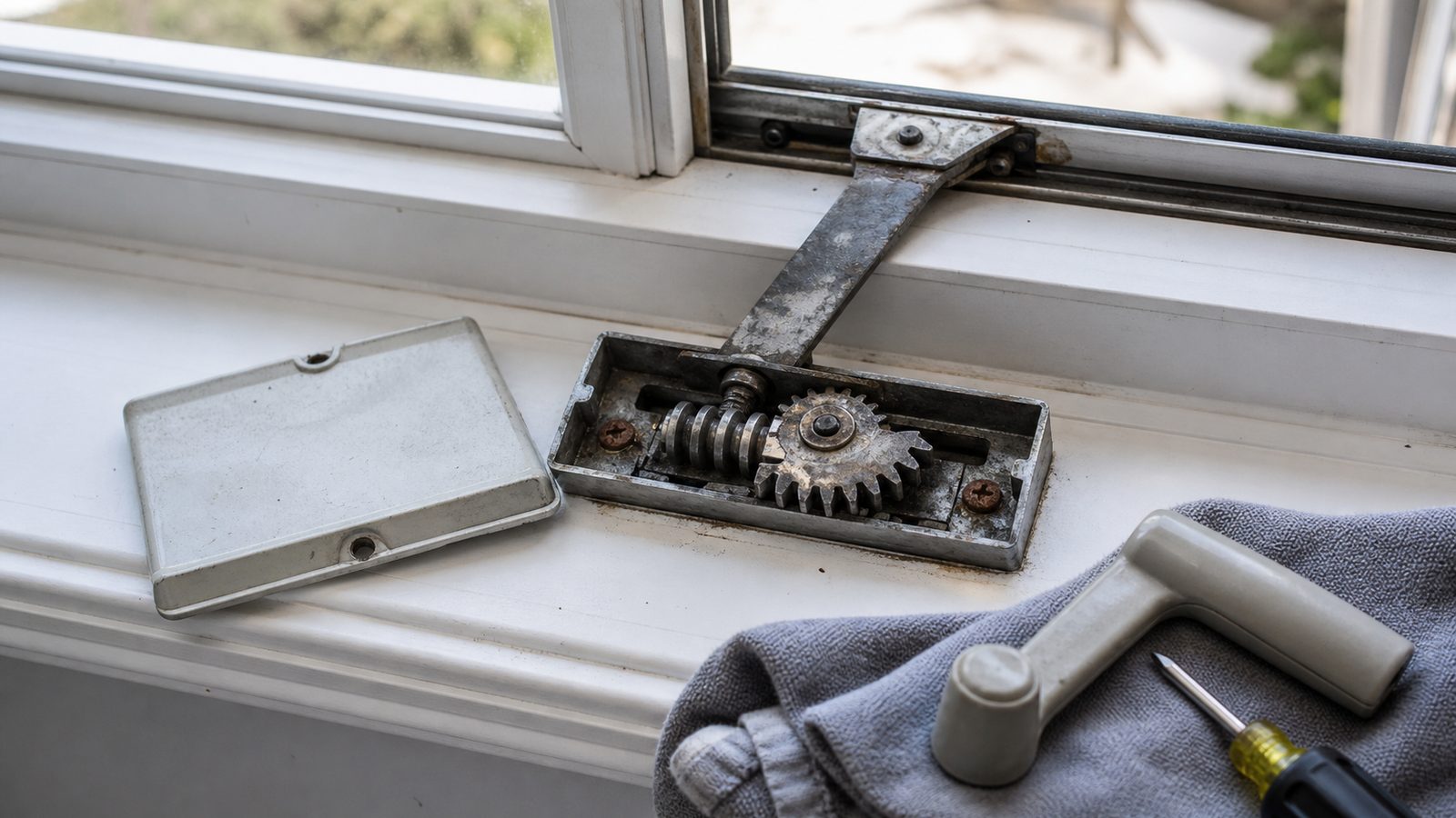 Corroded casement crank gears and mounting screws exposed on a white window sill