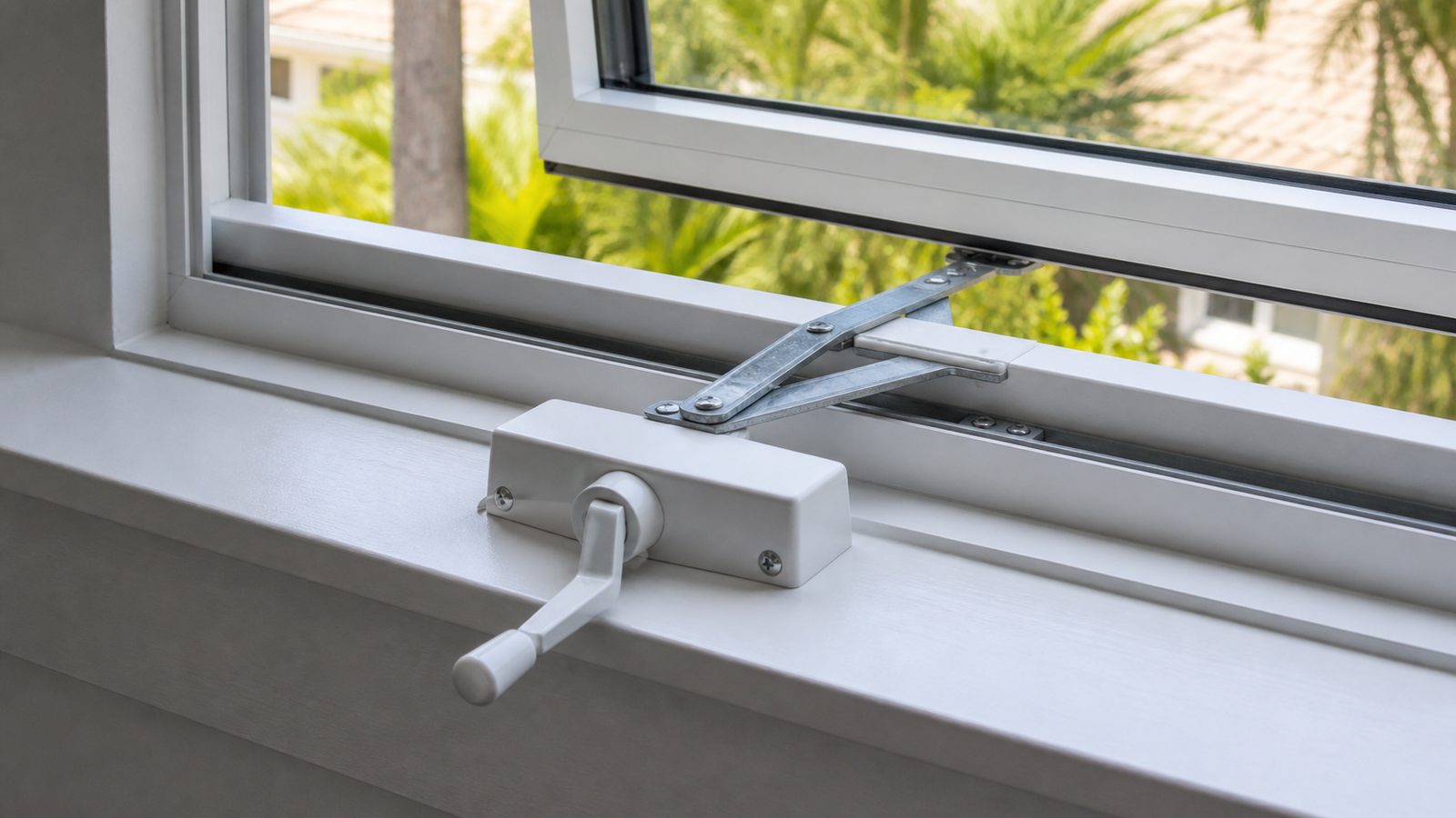 New casement crank operator connected to an aligned scissor arm and sash track