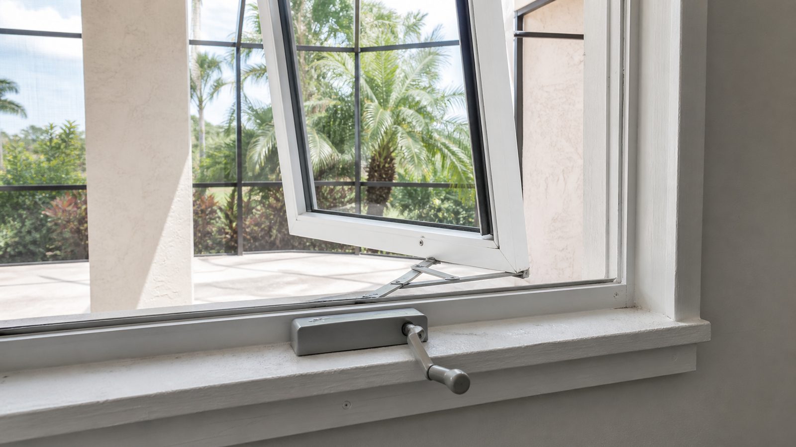 Open white casement window with a hand crank and scissor arm above a screened Florida lanai