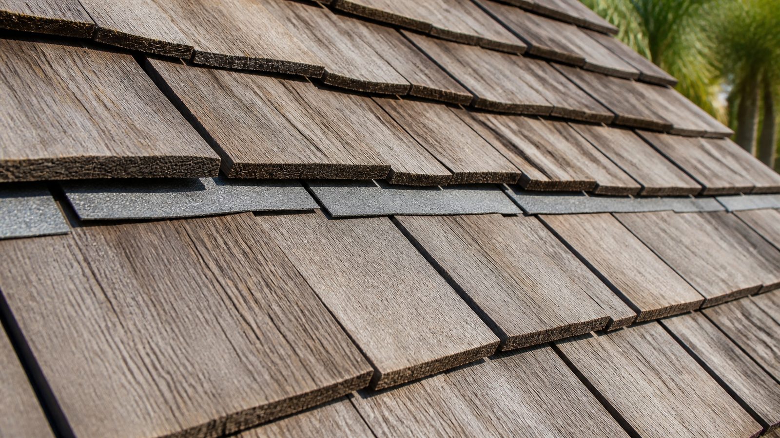 Staggered cedar shake courses with visible underlayment