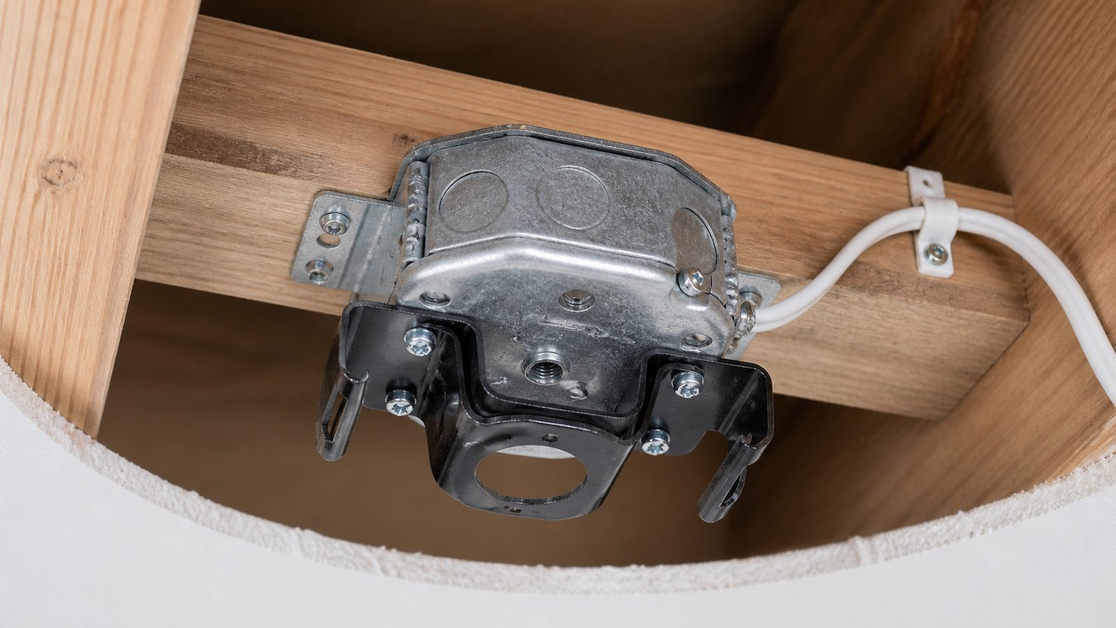 Metal ceiling electrical box and fan mounting bracket secured to framing