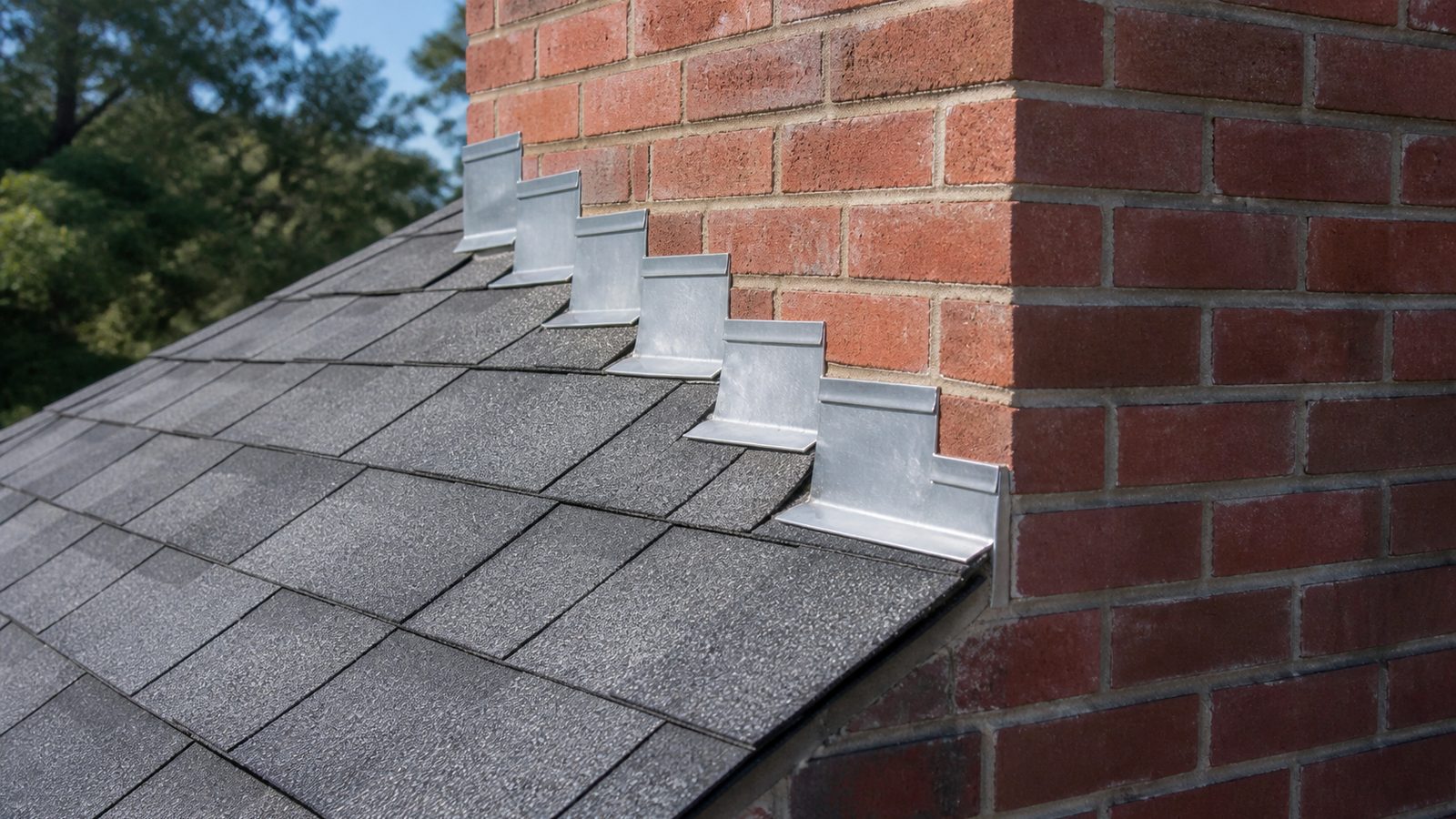 Galvanized step-flashing pieces staged course by course beside a red-brick chimney and shingle roof