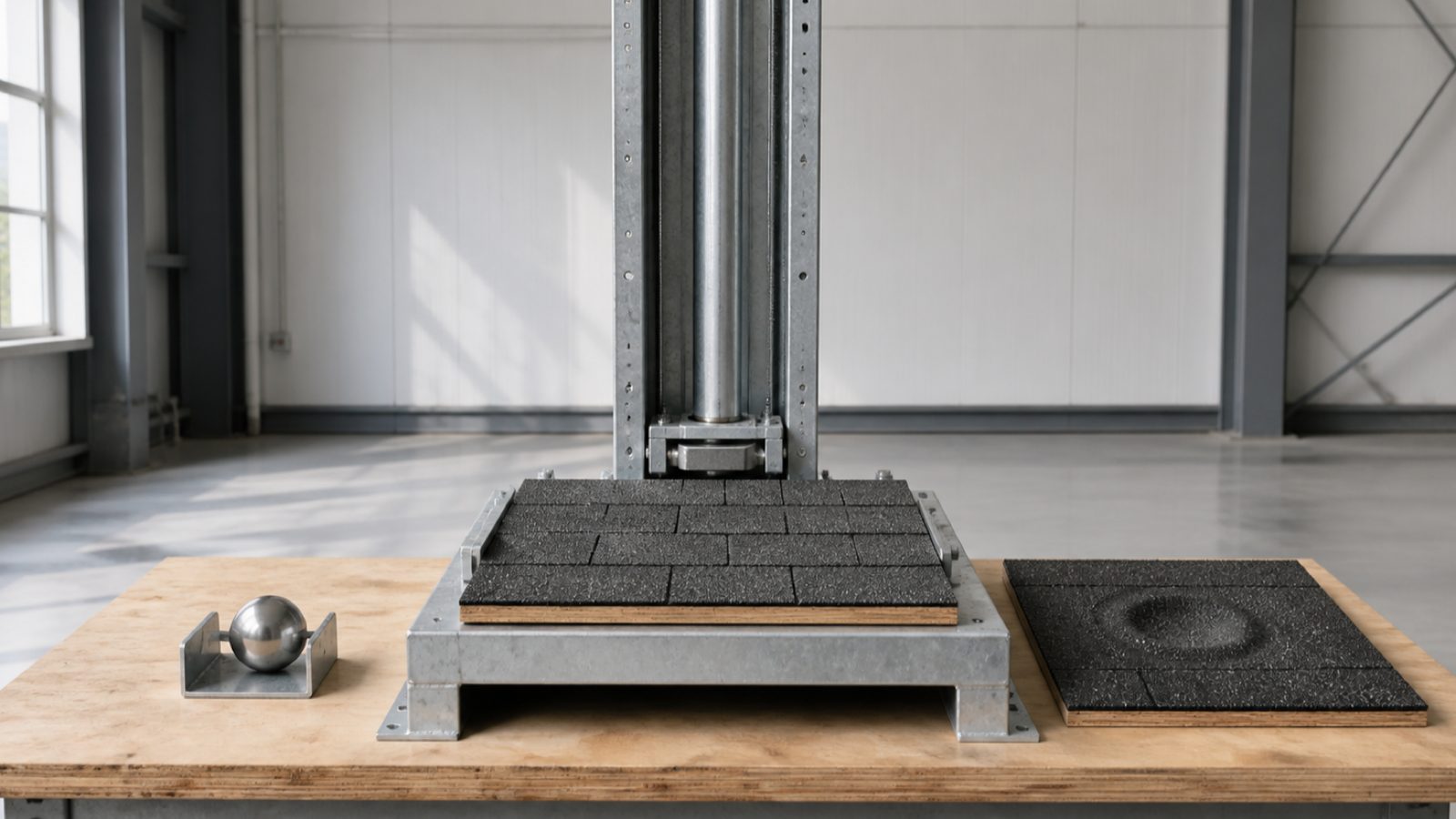 Steel ball drop apparatus above asphalt shingle samples on a test bench