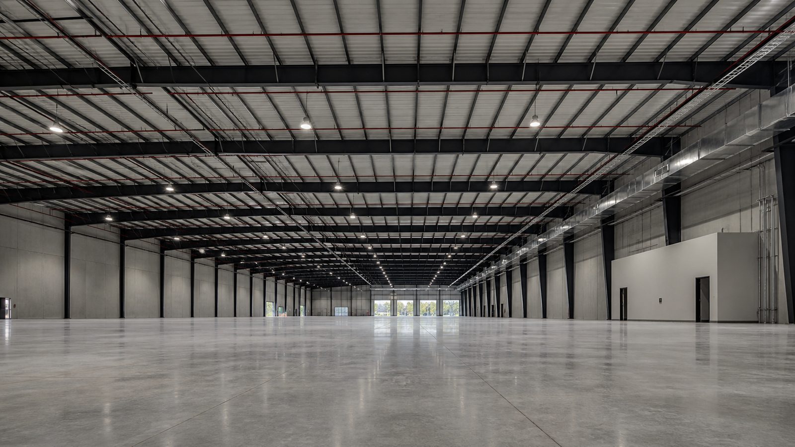 Wide empty warehouse with steel framing, ductwork, sprinkler lines, and conduit overhead
