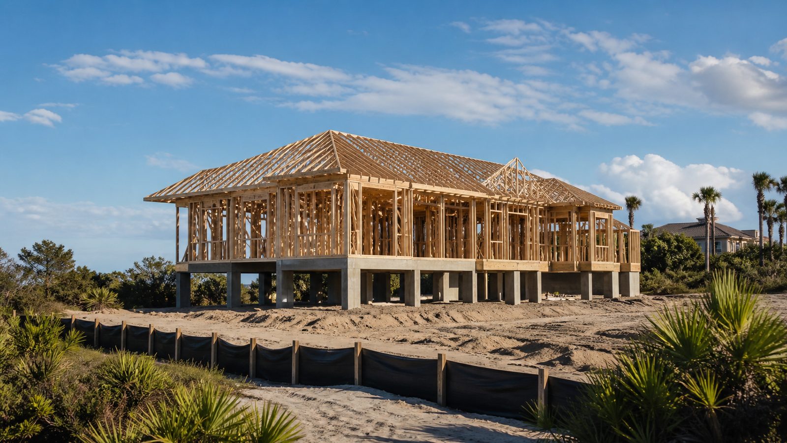 Elevated wood-framed Florida home under construction on concrete supports