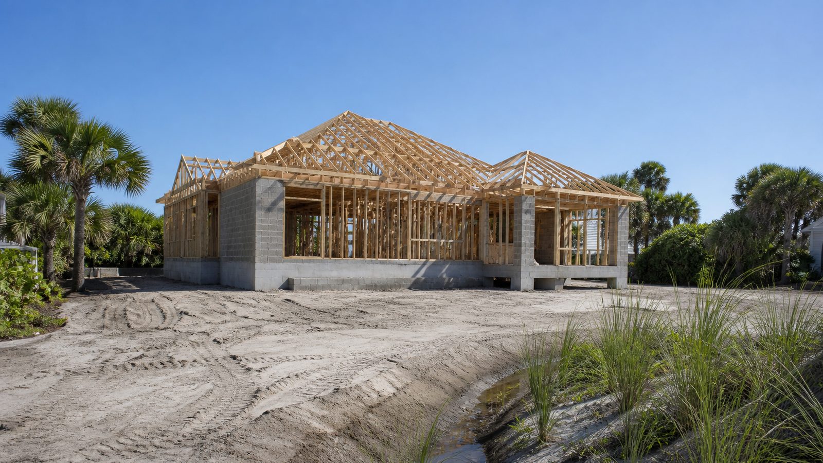 Coastal Florida home framing on a raised foundation with roof trusses and graded sandy lot