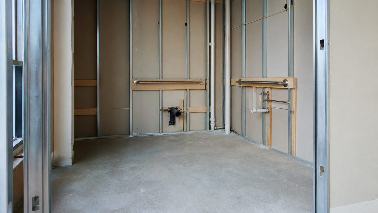 Commercial restroom under construction with accessible clearances, wall backing, plumbing rough-ins, and metal-stud framing