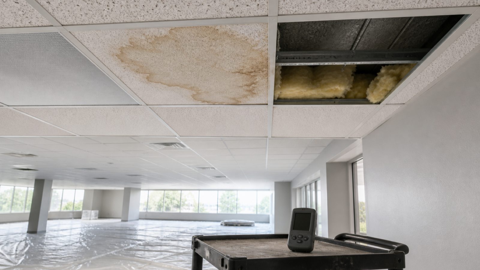 Water-stained ceiling tile, open grid bay, protected floor, and dark moisture meter in an empty commercial interior
