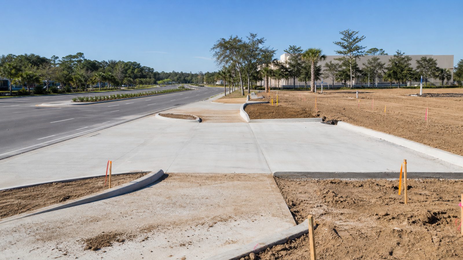 Commercial site layout with driveway access, building approach, vehicle turning area, utility zone, and landscaped edge