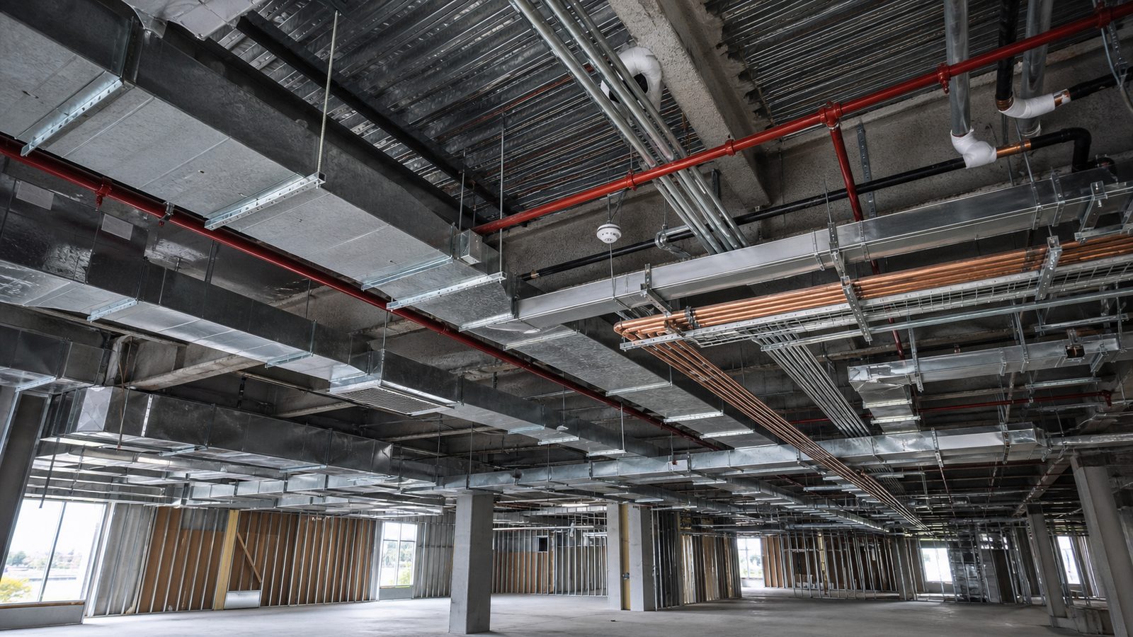 Overhead ductwork, sprinkler piping, conduit, and copper lines in an open commercial ceiling