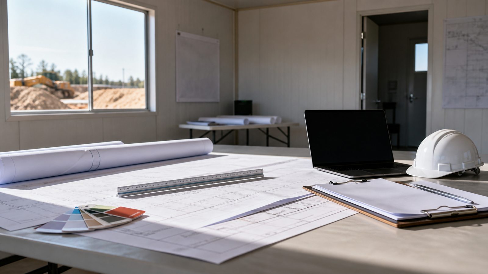 Unoccupied jobsite trailer with abstract plans, a dark laptop, ruler, blank clipboard, and hardhat