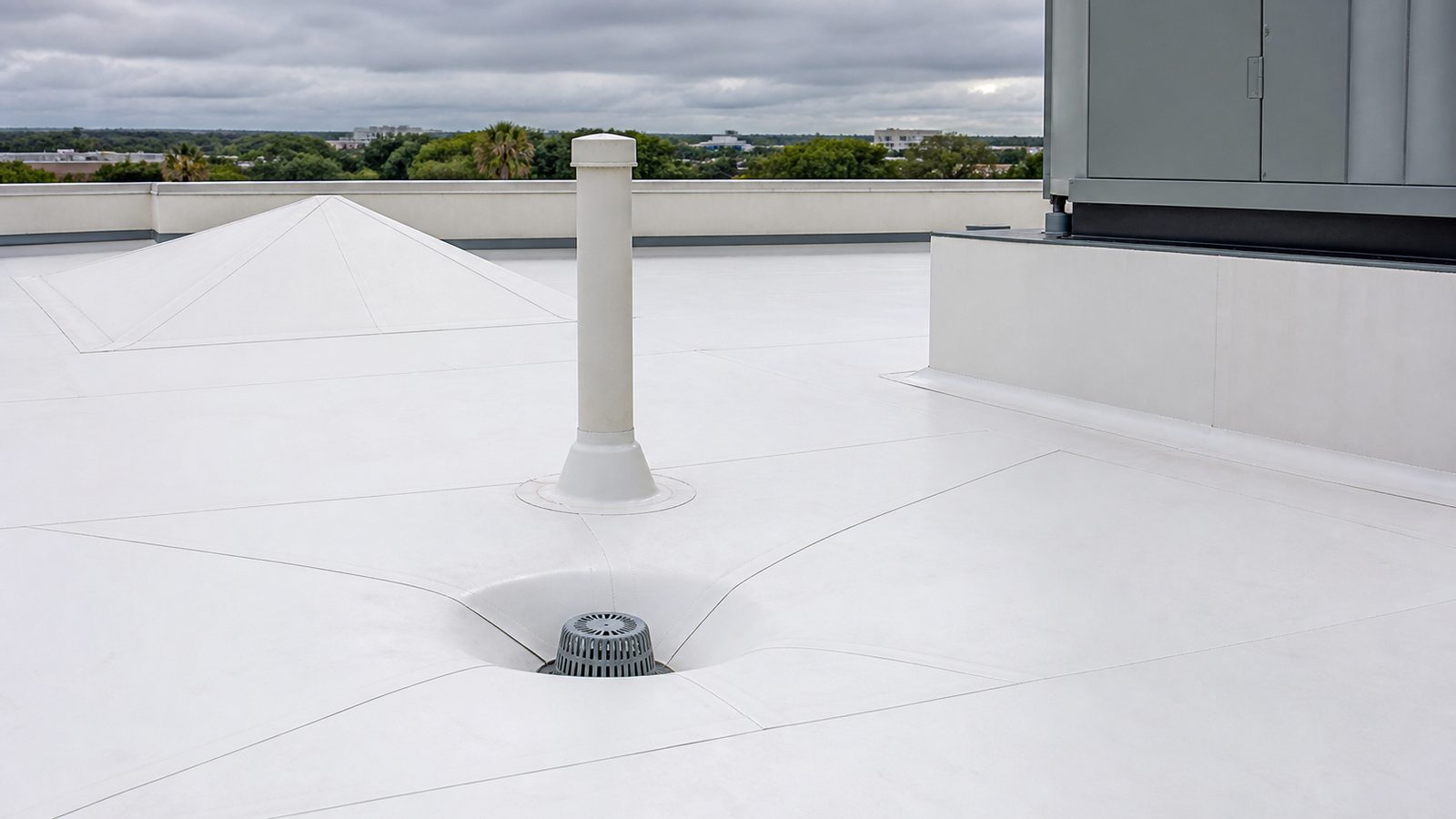 Commercial low-slope membrane roof with drain bowl, tapered insulation cricket, flashed penetration, parapet, and equipment curb
