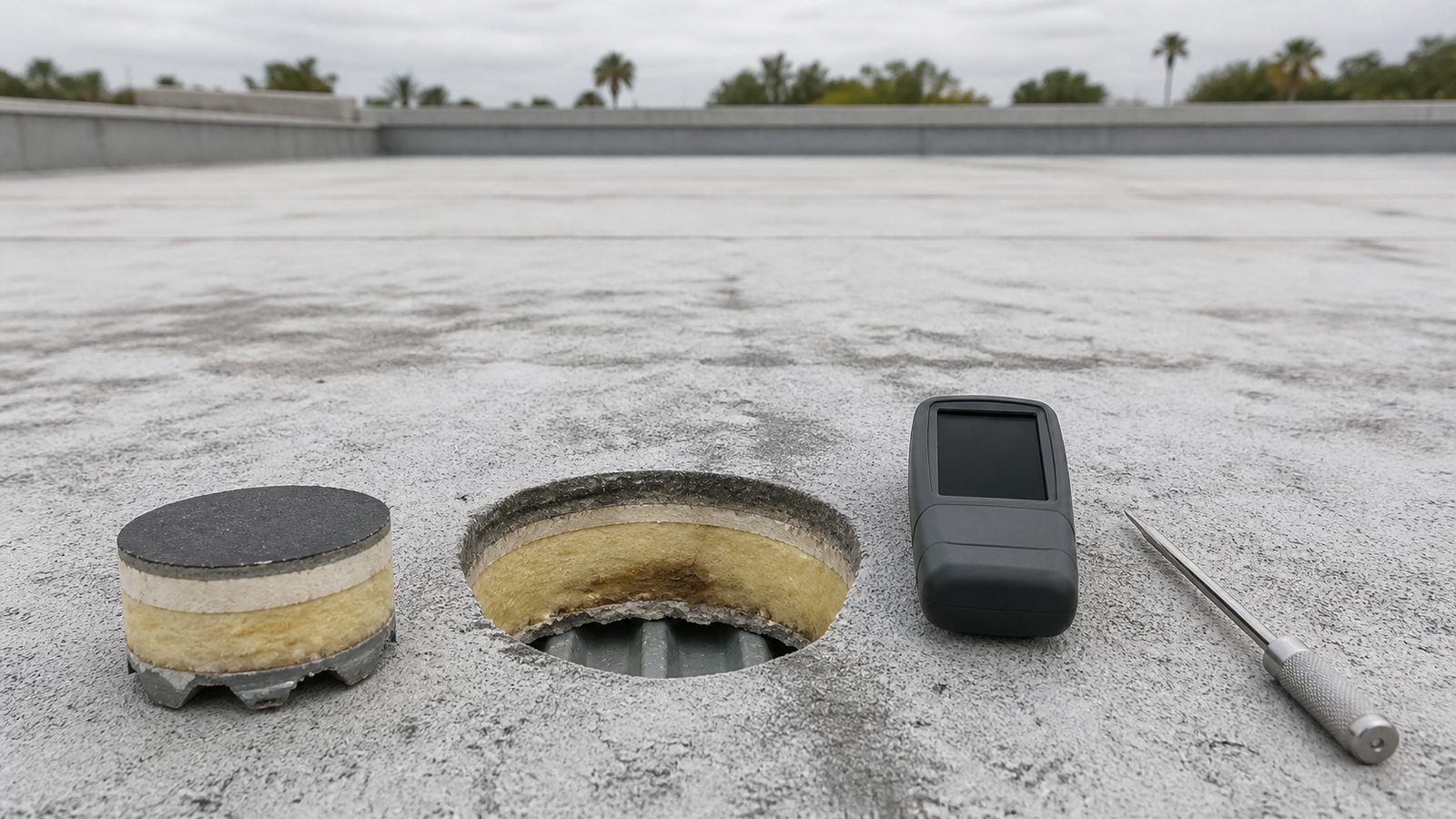 Commercial roof core opening exposing membrane, cover board, insulation, and steel deck
