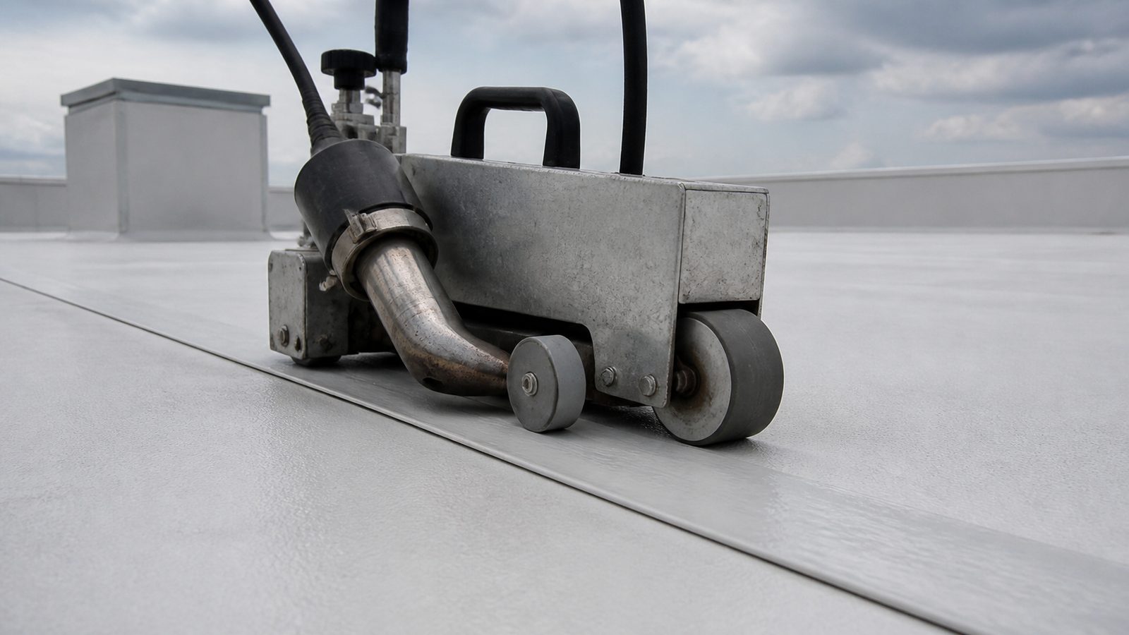 Automatic hot-air welder aligned over a straight TPO membrane field seam on a commercial roof