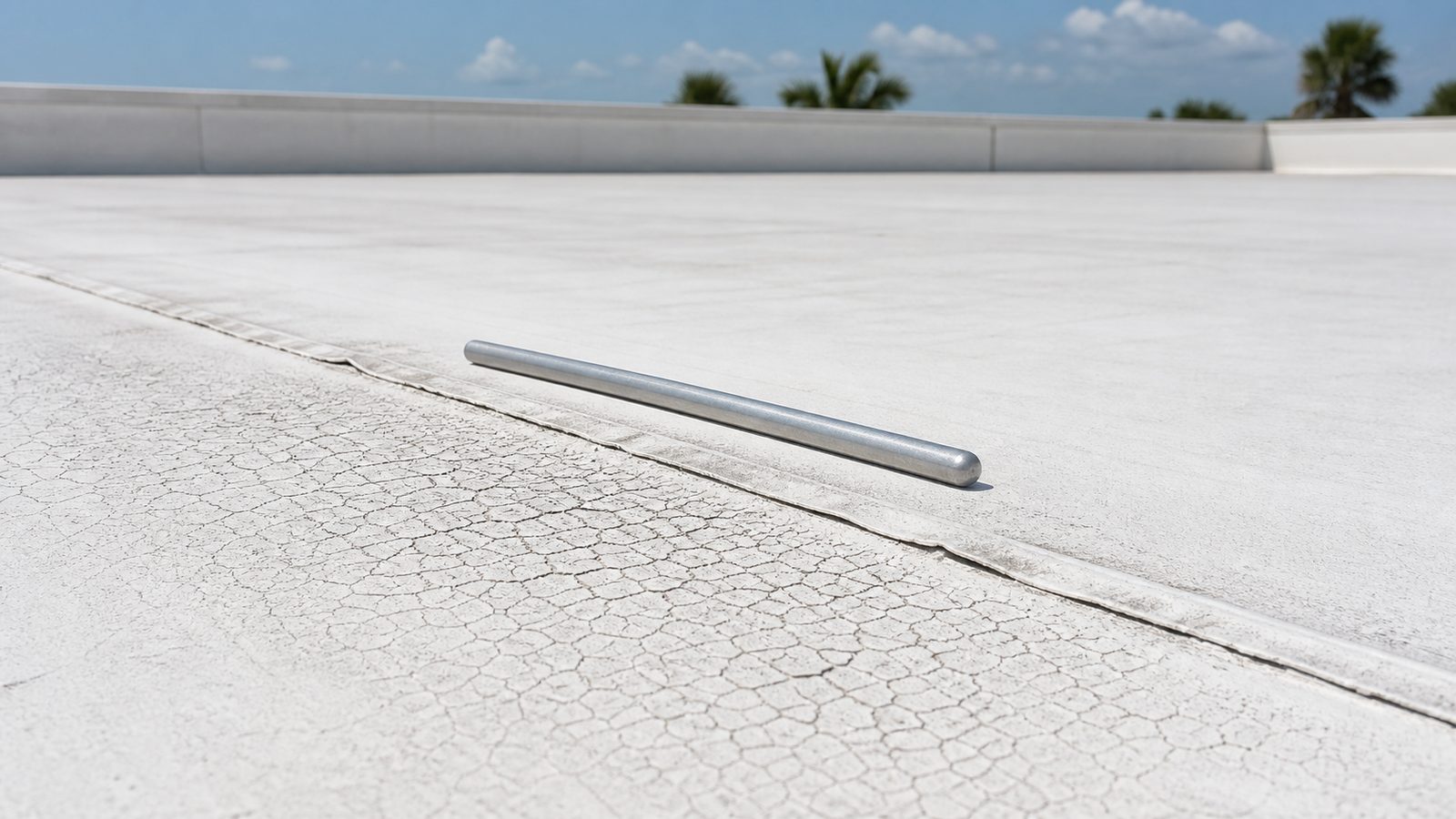 Weathered white TPO seam with fine surface alligator cracking and a plain metal probe