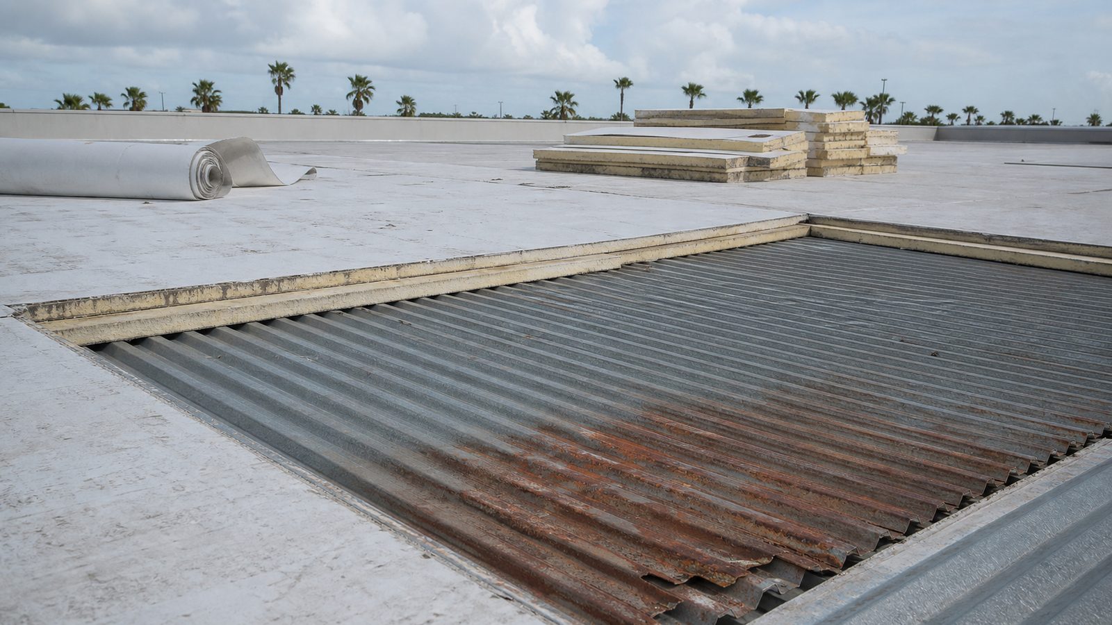 Commercial roof tear-off area exposing corrugated steel deck with localized surface corrosion