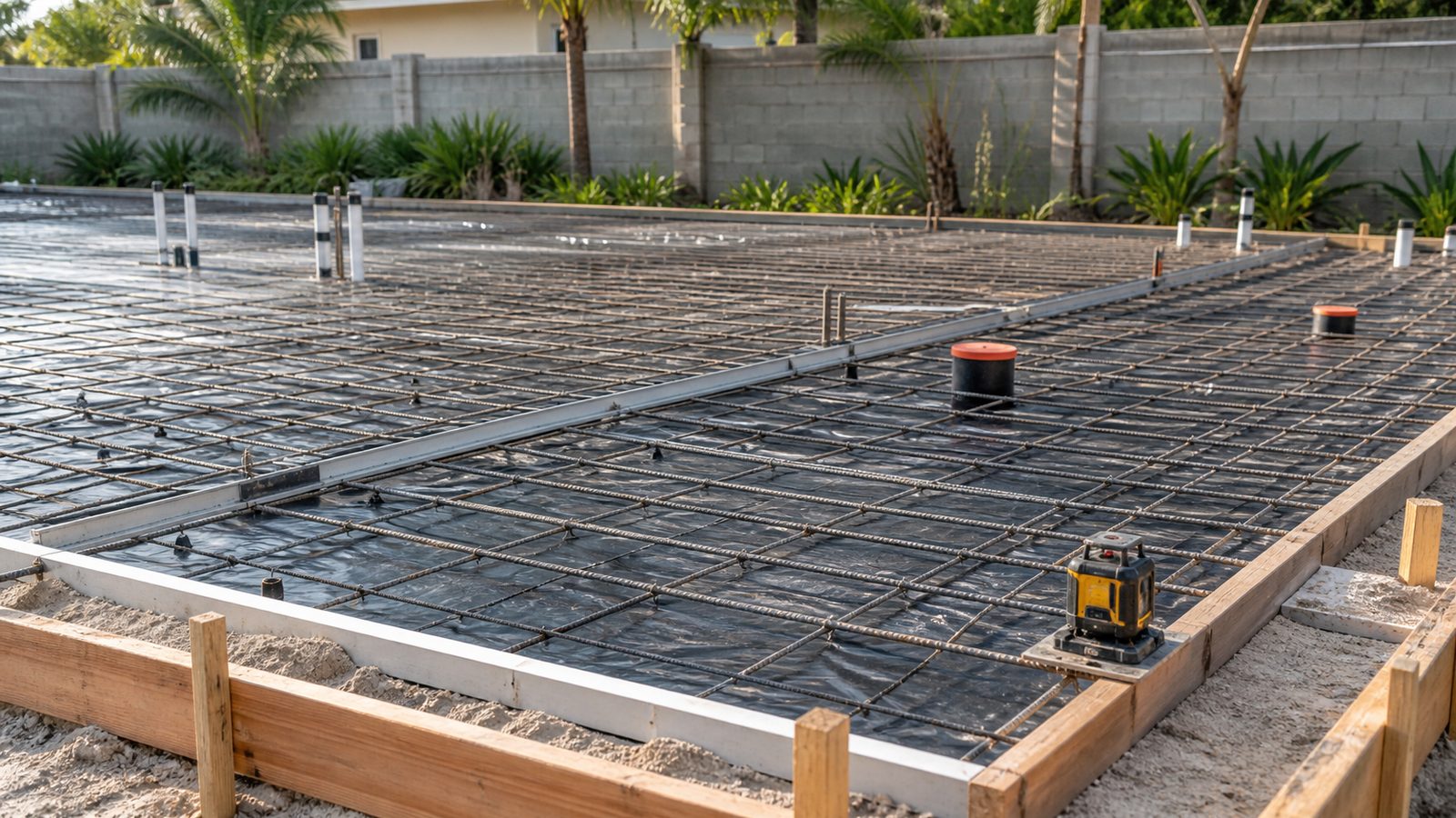 Concrete pour preparation with rebar, vapor barrier, edge forms, and a clean ready-to-place slab area