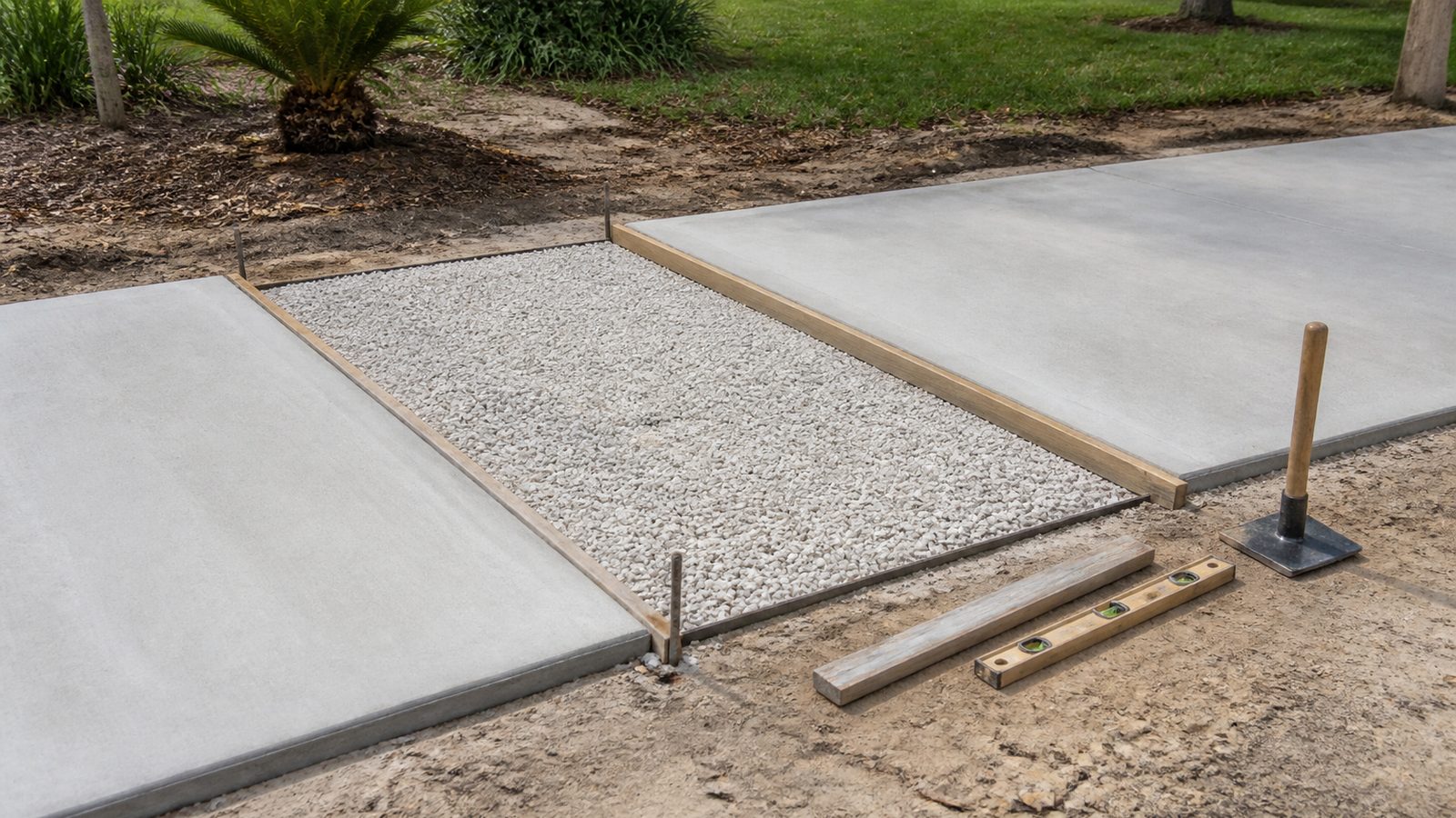 Concrete walkway replacement bay with compacted stone base and straight wood forms