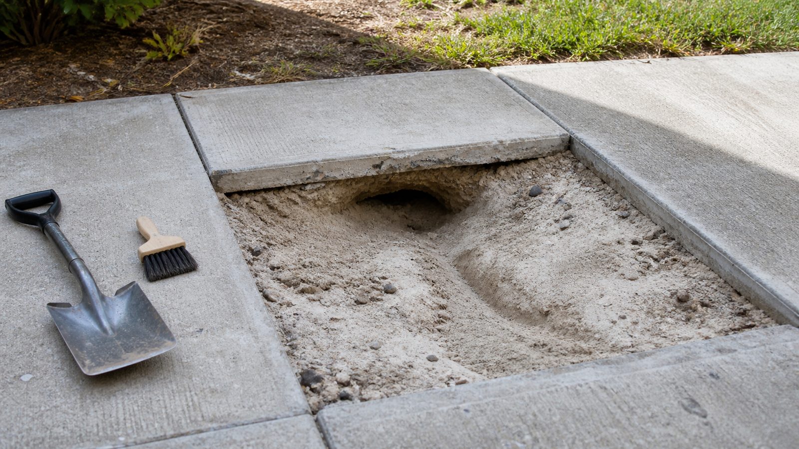 Removed concrete walkway panel exposing a washed-out void in sandy subgrade