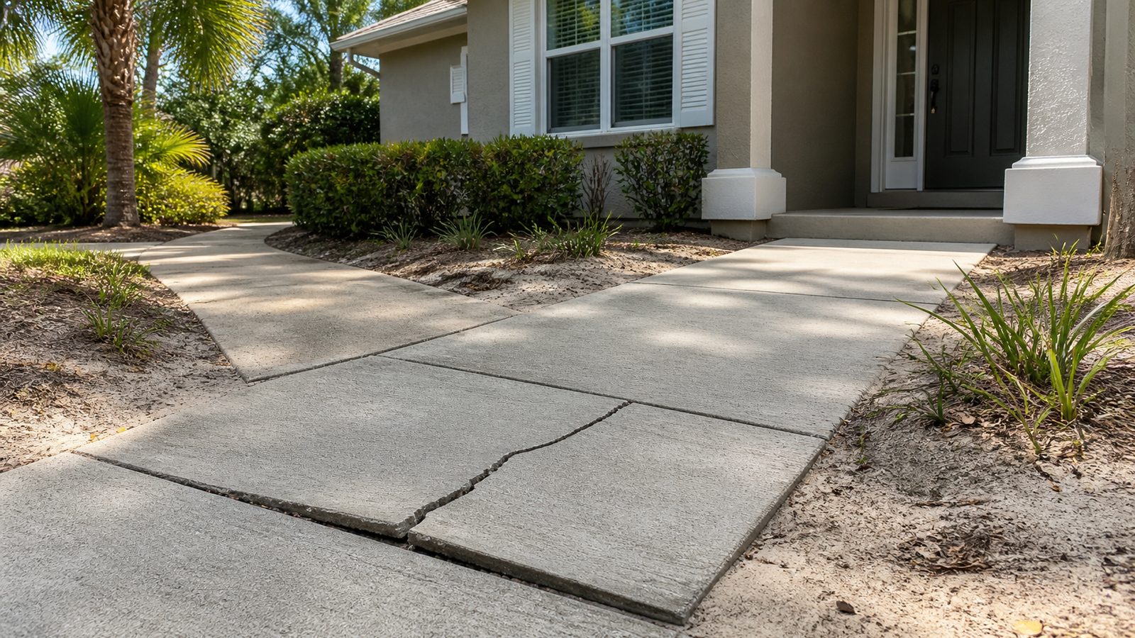Cracked and slightly heaved concrete walkway panel beside a Florida stucco home