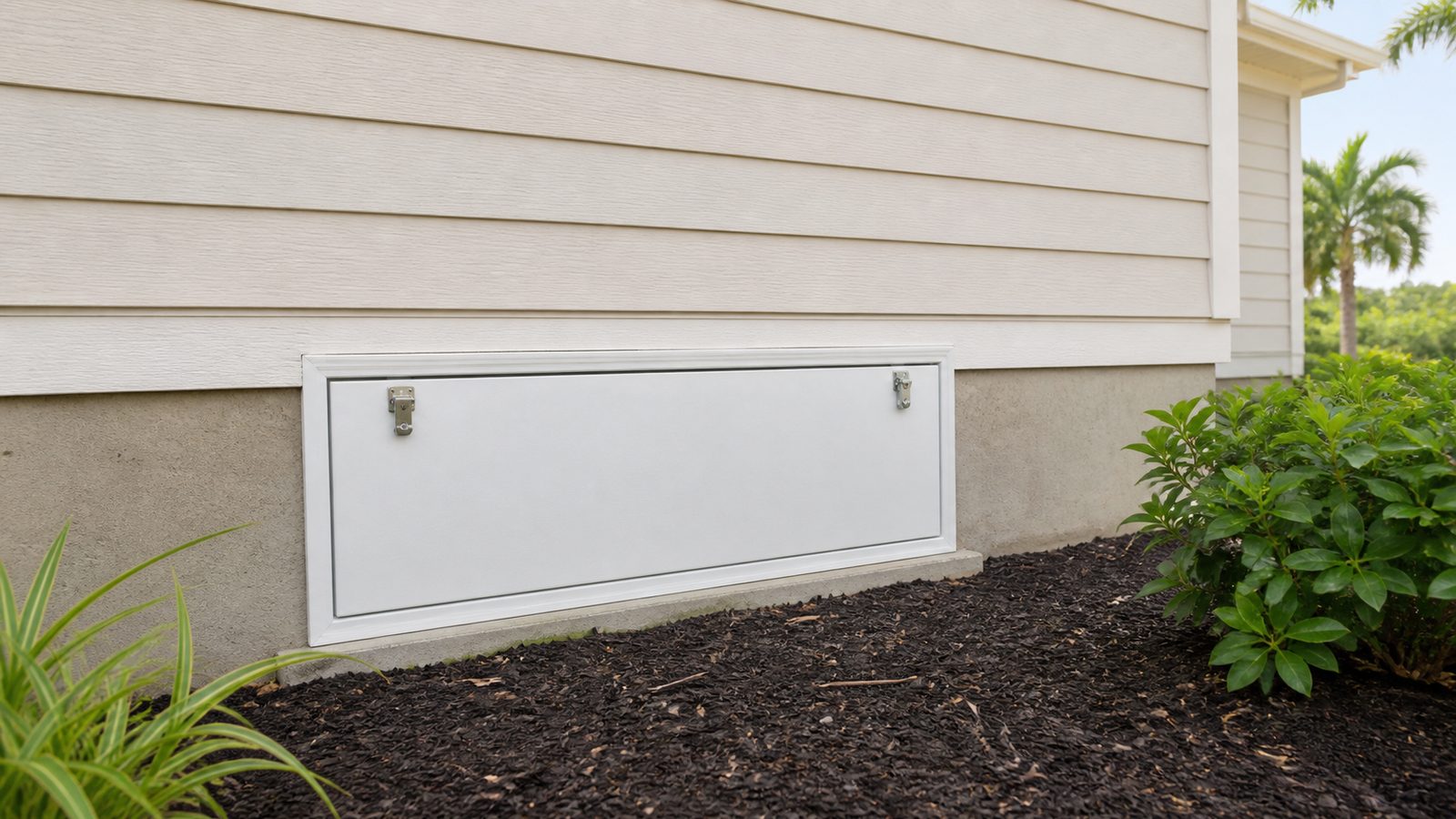 Weather-resistant crawl-space access door fitted below siding on a Florida home