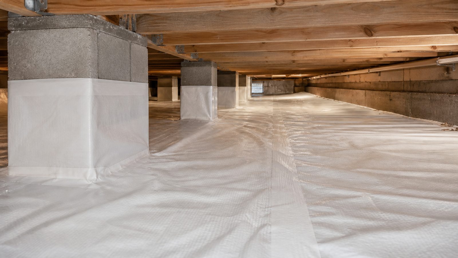 White crawl-space vapor barrier with overlapping taped seams around block piers