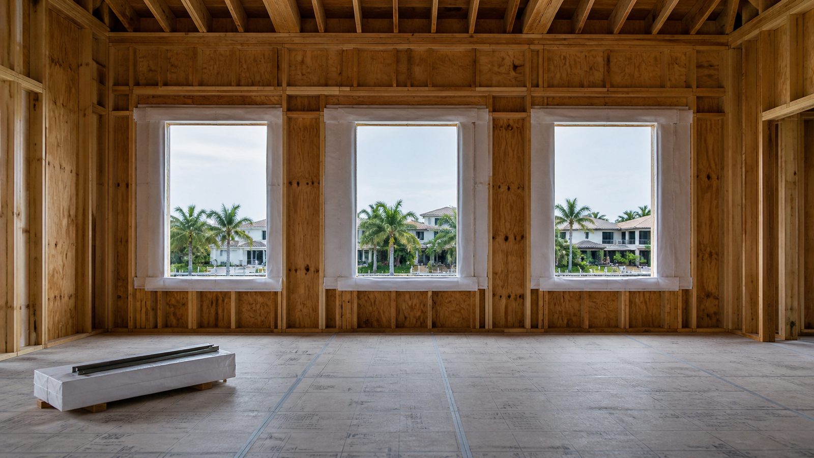 Three framed window openings awaiting units inside an unfinished Florida custom home
